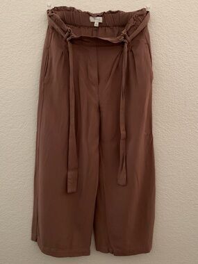 Boho Brown Paperbag Waist Wide-Leg Pants with Self-Tie